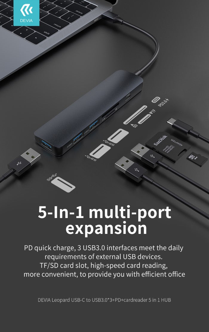HUB 5 in 1 da Tipo-C a Lettore card Usb 3 e carica PD