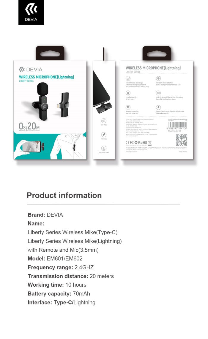 Devia - Microfono wireless per smartphone & PC con connettore Apple e tipo C - DEMICLTW106