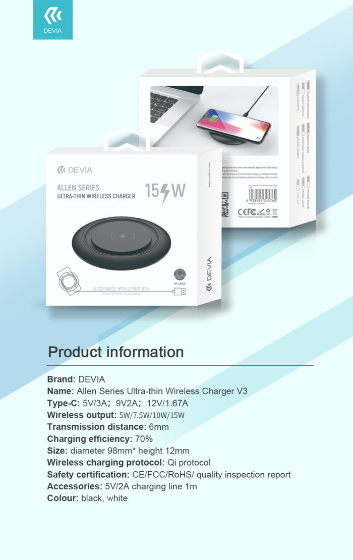 Caricabatterie Allen wireless ultrasottile V3 15 Watt - DECW15170W