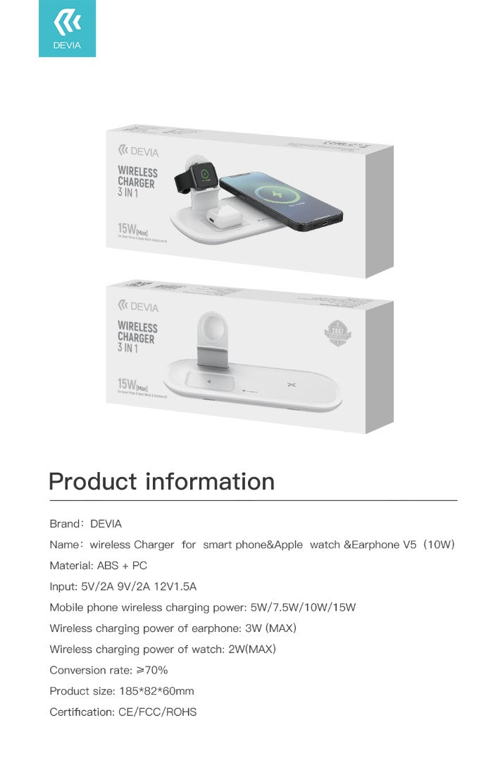 Devia - Caricatore Wireless QI Smartphone Watch e Airpod 15W - DECHGMA552W
