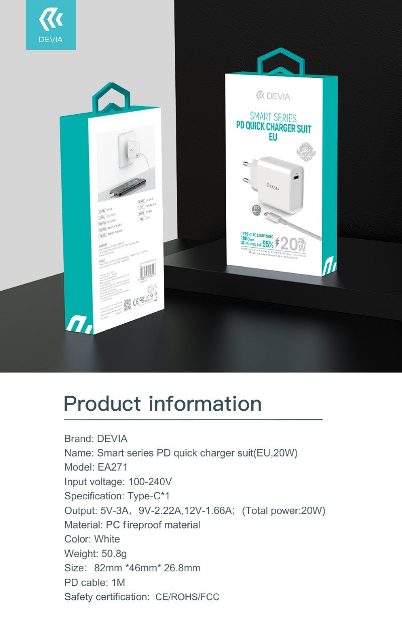 Devia - Set Carica batteria rapido PD 20W e Cavo da Tipo-C e Apple - DECHGPDS293